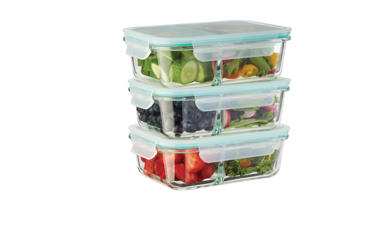 Glass Clip Food Storage Container Set with Compartments and Leakproof Lids, 3 Count V1196