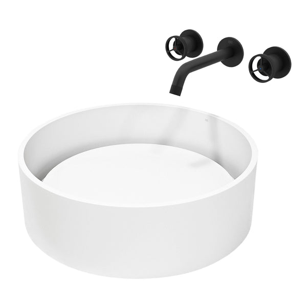 Anvil Round White Composite Bathroom Sink/Basin Set with Cass Wall Mount Faucet and Pop-Up Drain C2924