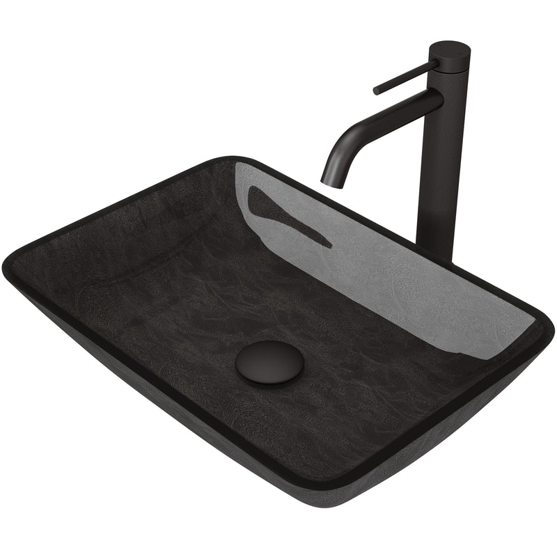 Glass Grey Onyx Bathroom Sink/Basin Set with Matte Black Lexington Faucet and Rectangular Vessel P2150