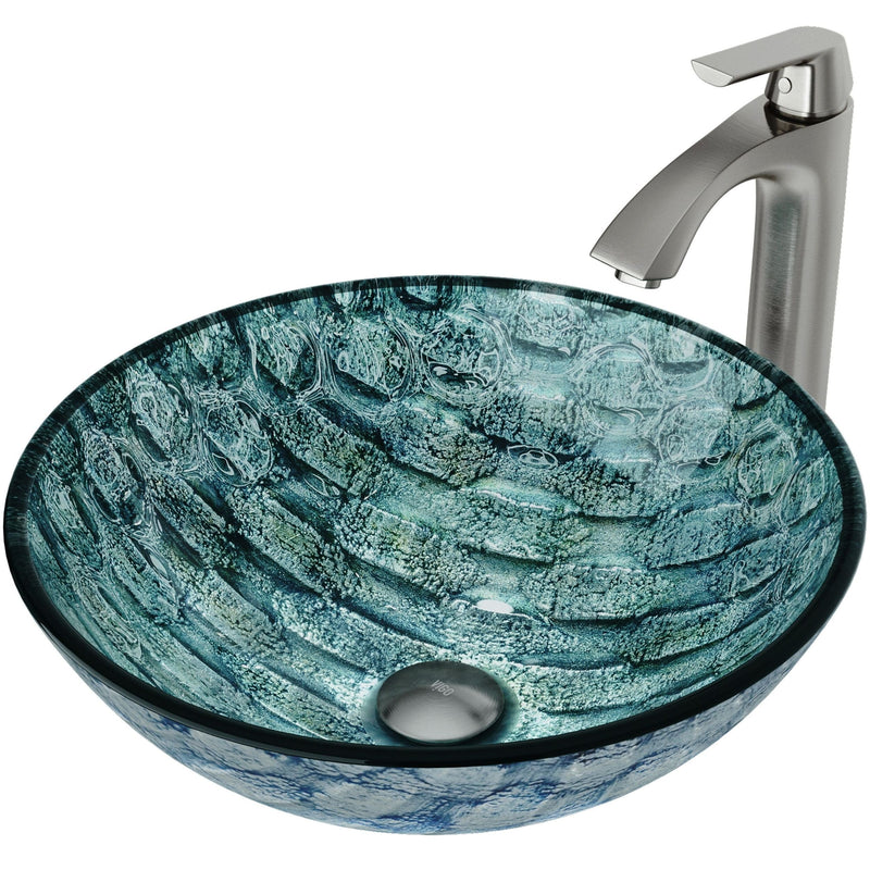 Glass Oceania Blue Bathroom Sink/Basin Set with Linus Faucet and Round Vessel D9098