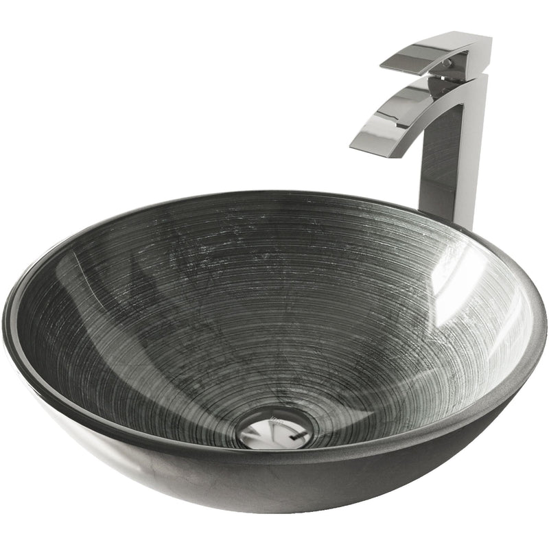 Glass Simply Silver Bathroom Sink/Basin Set with Chrome Duris Faucet and Round Vessel R7996