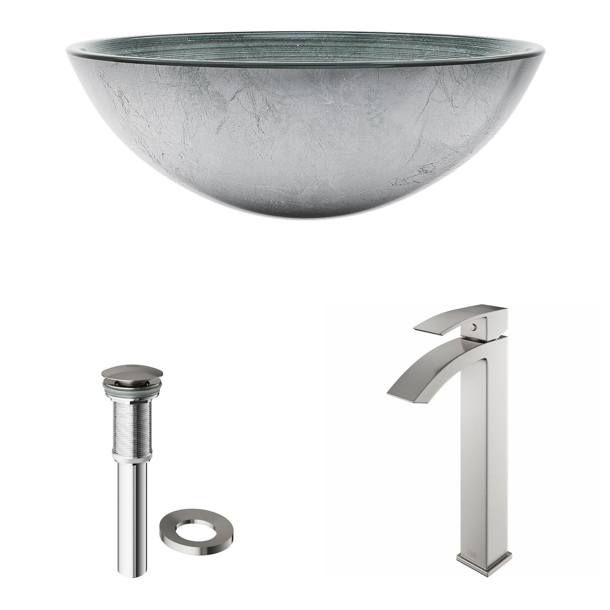 Glass Simply Silver Bathroom Sink/Basin Set with Duris Faucet and Round Vessel