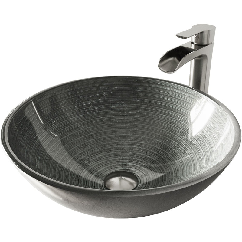 Glass Simply Silver Bathroom Sink/Basin Set with Niko Faucet and Round Vessel Z5011